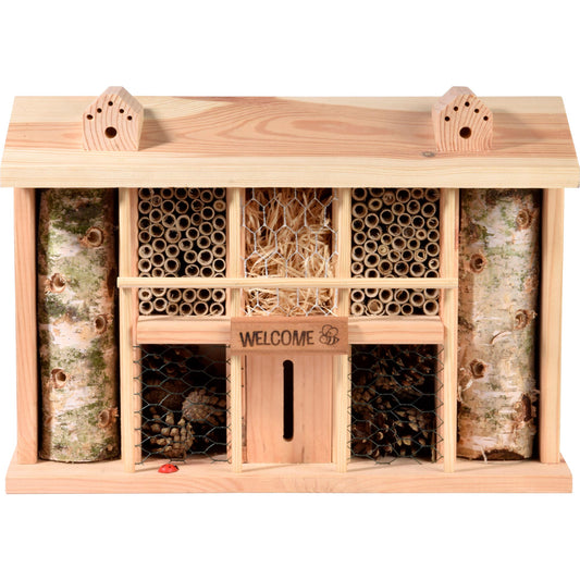Insektenhotel Alabama aus FSC®-zertifiziertem Kiefernholz – handgefertigte Nisthilfe mit Schilf, Kiefernzapfen und Holzwolle, ideal für Wildbienen und Nützlinge.