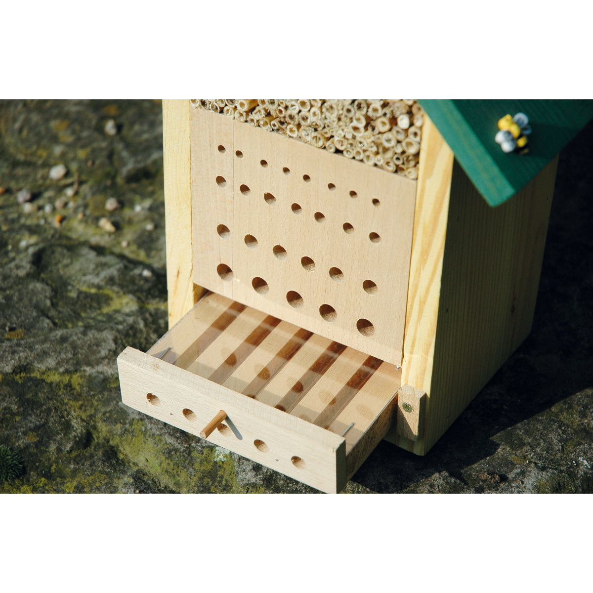Nachhaltiges Bienenhaus mit Nistblock aus Buchenholz, ideal als Nisthilfe für Wildbienen und andere Insekten.