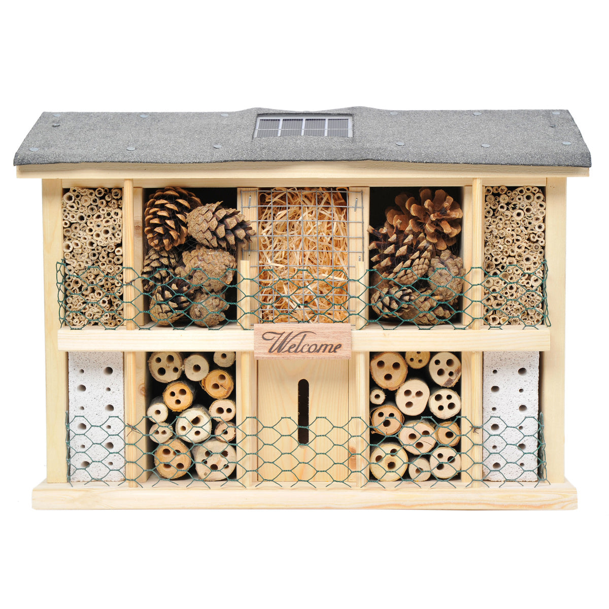 Wildbienenhotel mit Solarpanel und LED-Licht – Bienenhaus aus robustem Kiefernholz, ideal für naturnahe Gärten und die Förderung der Artenvielfalt