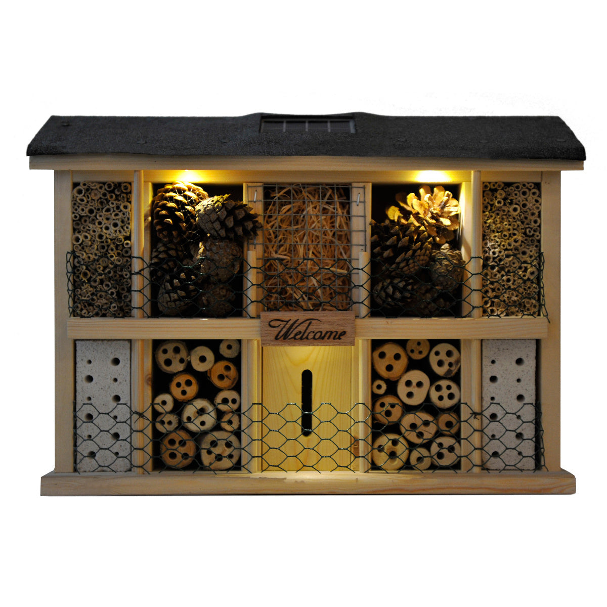 Solarbetriebenes Insektenhotel aus Kiefernholz mit LED-Beleuchtung – nachhaltige Nisthilfe für Wildbienen und Nützlinge, dekorativ und umweltfreundlich