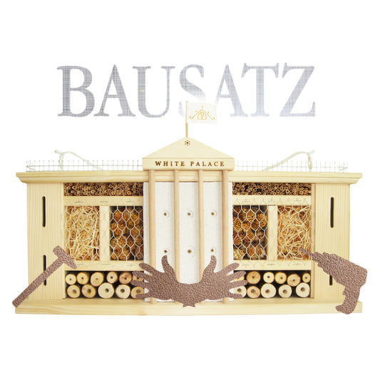 DIY-Insektenhotel aus Kiefernholz mit Schilfrohr, Kiefernzapfen und Holzwolle – nachhaltiger Bausatz für Wildbienen und Nützlinge im Garten.
