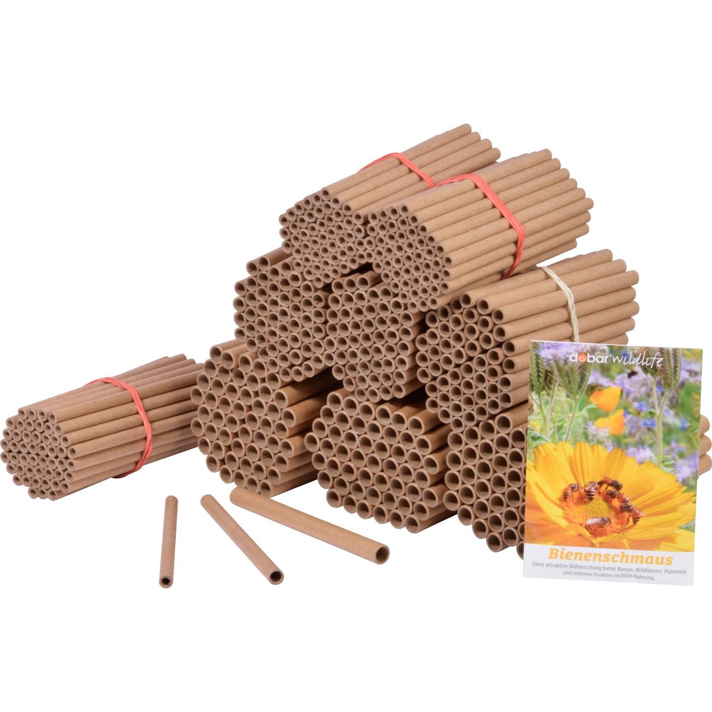 Set aus 450 Papphülsen aus 100 % recyceltem Papier – ideales Füllmaterial für Insektenhotels. Inklusive Wildblumen-Samenmischung „Bienenschmaus“ für ca. 5 m² Blühfläche. Made in Germany.