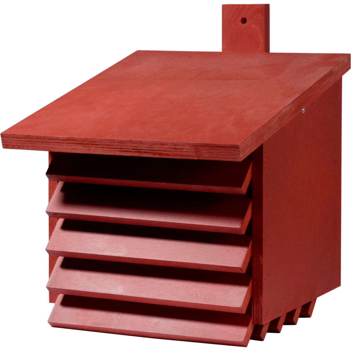 Wetterfester Florfliegenkasten aus FSC®-zertifiziertem Multiplex-Holz mit roter Lasur