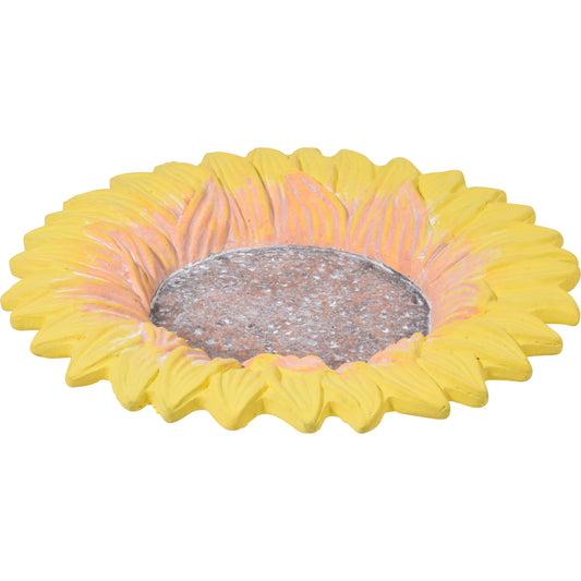 Handgefertigte Insektentränke aus Zement im Sonnenblumen-Design – dekorative Wasserquelle für Bienen, Schmetterlinge und andere Nützlinge im Garten.