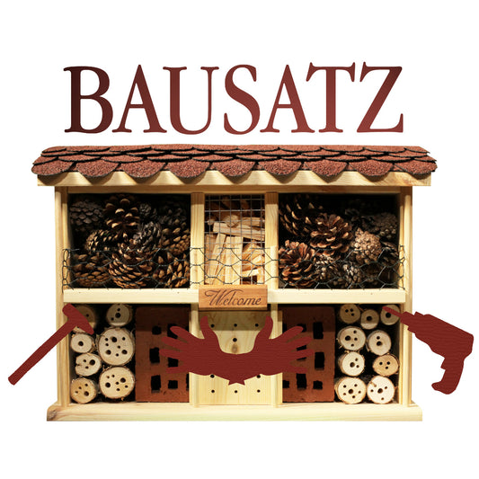 DIY-Insektenhotel 'Landhaus Komfort' aus robustem Kiefernholz – einfacher Aufbau mit Stecksystem, idealer Nistplatz für Wildbienen und Nützlinge im Garten.